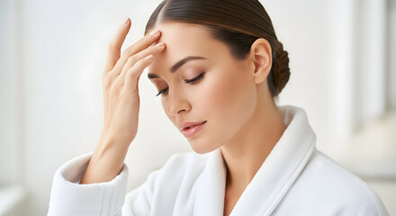 Relaxed woman in bathrobe touches smooth face enjoying spa wellness beauty