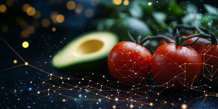 Food science analyzing tomatoes and avocado with futuristic interface