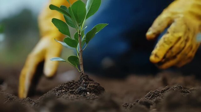 selective focus hands planting young trees and ensuring proper positioning in park