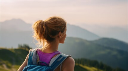 climbing. Solo hiker on mountain trail during golden hour, with blurred mountain backdrop. tourism brochures, itinerary planners, designed for hospitality marketing for hotel rooms and spa retreats.