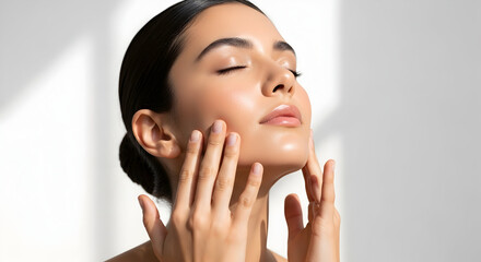 Beautiful Woman Touching Glowing Hydrated Face Skincare Treatment Wellness Aesthetic