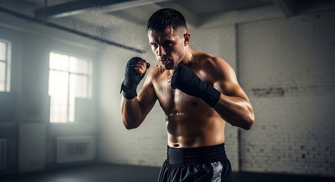 A male boxer in a gym preparing for training with a focused stance and gloves on, showcasing strength and determination in a dimly lit environment