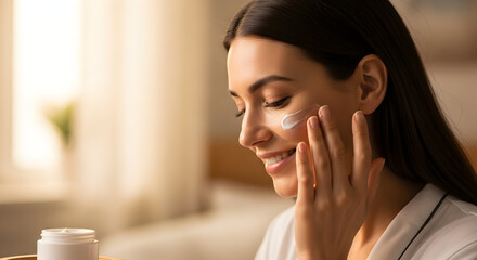 Smiling Young Woman Applies Beauty Face Moisturizer Cream for Healthy Skin Routine