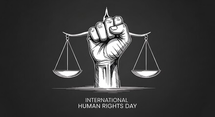 International human rights day illustration with raised fist and scales
