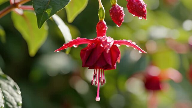 Macro shot of a vibrant red fuchsia flower with water drops