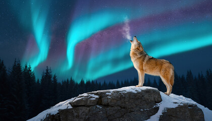Majestic wolf howling on a snowy rock under the vibrant aurora borealis in a winter forest at night