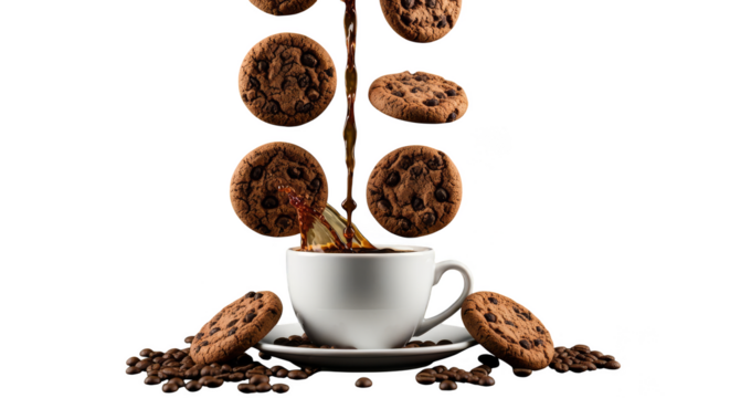 Coffee cascades amidst suspended chocolate chip cookies