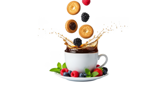 Coffee splash with cookies and berries