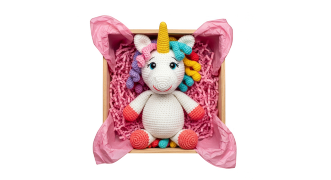 Crochet unicorn plushie nestled in pink