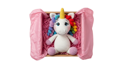 Crocheted unicorn toy nestled inside box