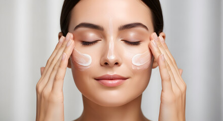 Beautiful woman applying facial moisturizing cream for glowing healthy skin