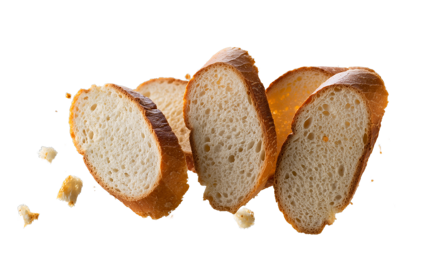 Crispy sliced baguette bread with flying crumbs isolated on transparent background