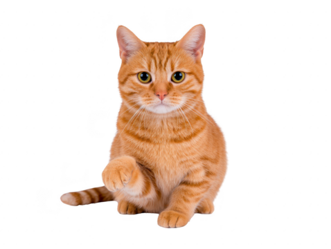 Orange tabby cat sitting with one paw raised, looking directly at camera, isolated on transparency background, displaying curious and friendly expression