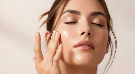 Young Woman Applying Hydrating Skincare Cream to Beautiful Healthy Face Closeup