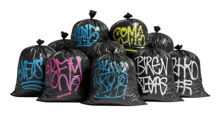 Graffiti trash Bags adorned with colorful spray paint
