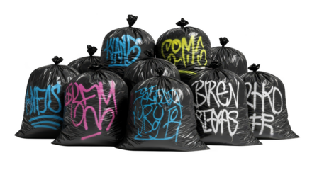 Graffiti trash Bags adorned with colorful spray paint