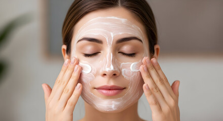 Young beautiful woman applying moisturizing facial mask cream enjoying skincare routine