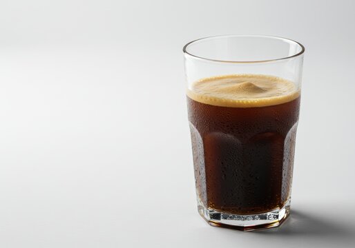 Frosted Glass of Cold Dark Coffee with Cream on White Background