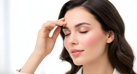 Peaceful young woman touching temple closed eyes for headache relief and spa wellness