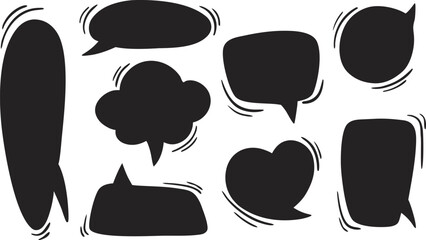 “Black comic speech bubbles set on white background. Collection of empty chat balloons for text, communication, or cartoon design. Fun graphic elements for dialogue illustration.”