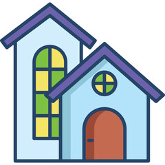 Illustration Of Two Connected Light Blue Houses With Purple Roofs And Colorful Windows Under A...