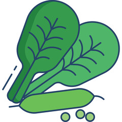 Illustration of two green spinach leaves and a single pea pod with three peas on a transparent background representing fresh vegetables and healthy eating