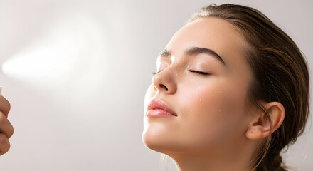 Hydrating facial spray on young woman applying beauty cosmetic toner
