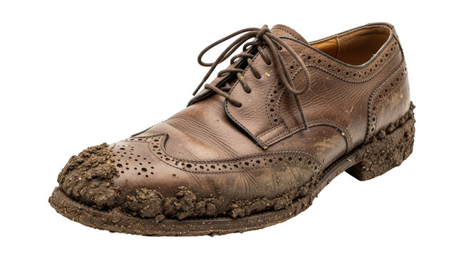 Mudcaked brown leather shoe worn