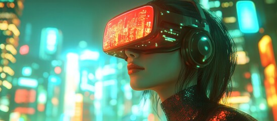 Woman in VR headset, futuristic city, neon lights, night. Stock photo