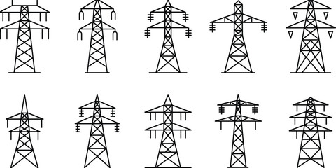 Set of 10 black and white electricity transmission towers, vector illustration of power pylons and high voltage line structures
