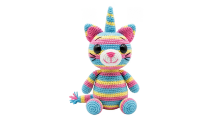 Striped crochet unicorn cat sits