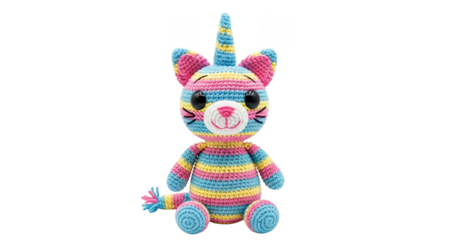 Striped crochet unicorn cat sits