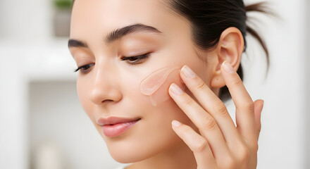 Young Woman Applying Hydrating Gel Serum to Face Daily Skincare Routine Closeup