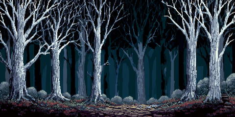 8-bit pixel art forest night game background AI generated