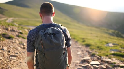 climbing. Solo hiker on mountain trail during golden hour, with blurred mountain backdrop. tourism brochures, itinerary planners, designed for hospitality marketing for hotel rooms and spa retreats.