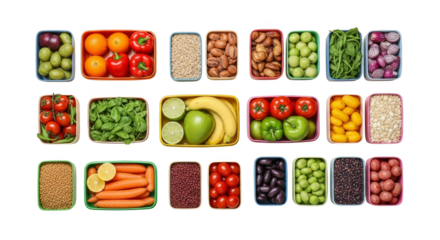 Vibrant produce containers arrayed on black