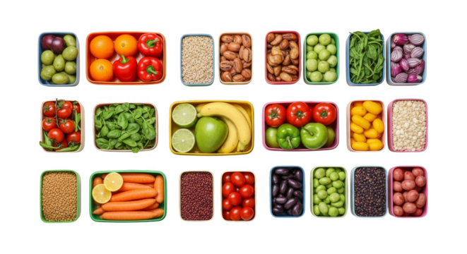 Vibrant produce containers arrayed on black