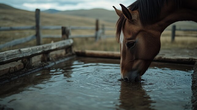 Chestnut horse drinks water at rustic trough, mountain pasture background; nature, animal photography