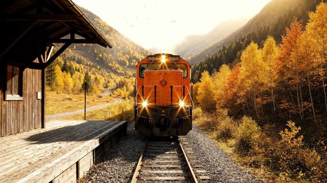 Orange train engine traveling through beautiful golden autumn mountain valley landscape.