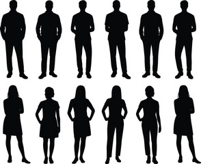 Set of 12 black silhouettes of men and women standing, vector illustration of people in casual professional poses