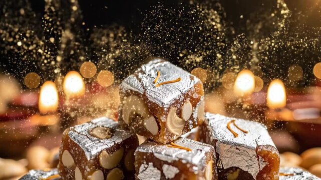 Close-up of powdered sugar-dusted fruitcake cubes with nuts on a festive background with lit candles and bokeh lights.