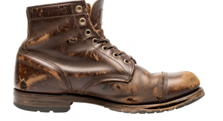 Weathered brown leather boot laced up