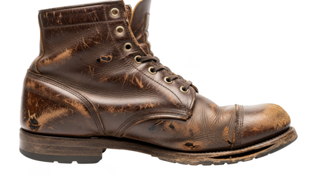 Weathered brown leather boot laced up