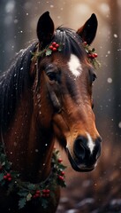 Close-up of a brown horse with a white star on its forehead wearing a festive holly wreath with red berries in a snowy winter setting
