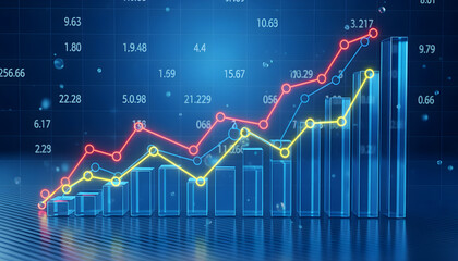 Digital illustration of layered blue bar chart with intersecting trend lines on dark grid background