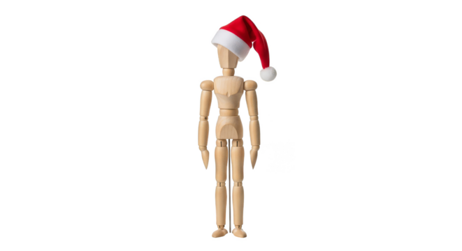 Wooden mannequin celebrating Christmas with Santa hat
