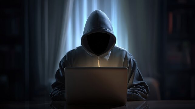 A hooded figure sits in darkness, focused on a glowing laptop, creating a mysterious and eerie atmosphere.
