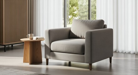 Modern gray armchair with a wooden side table near a window and cabinet in bright living room, concept for interior design inspiration, home decor mockups and furniture advertising