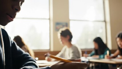 Student diligently writing in notebook during class in a bright classroom setting with natural light and other students studying focused on learning and academic success