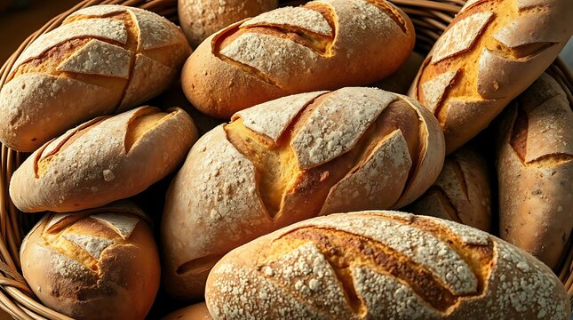 Ultra-realistic rendering of a rustic bread basket overflowing with various artisanal loaves, warm, diffused lighting, emphasizing crumb structure and crust